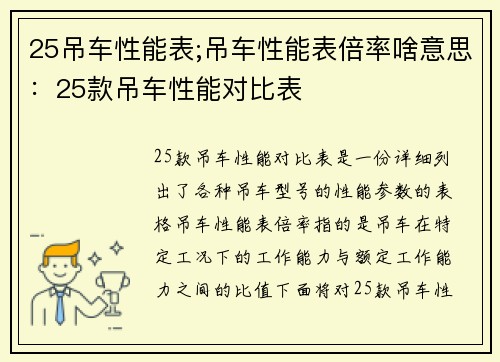 25吊车性能表;吊车性能表倍率啥意思:25款吊车性能对比表