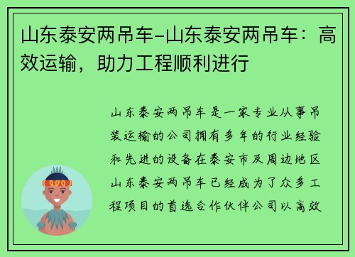 山东泰安两吊车-山东泰安两吊车:高效运输,助力工程顺利进行
