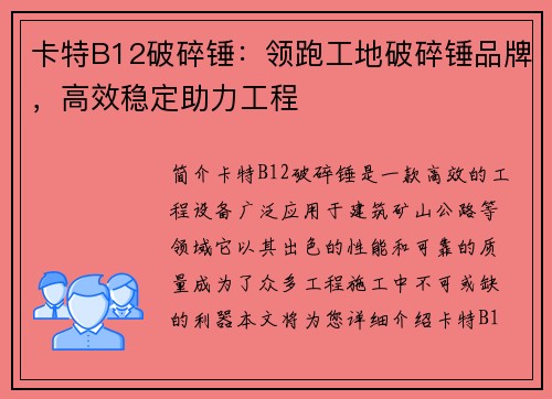 卡特B12破碎锤：领跑工地破碎锤品牌，高效稳定助力工程